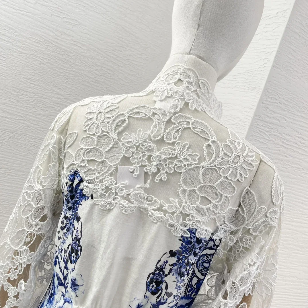 Women\'s White Blue Floral Print Long Sleeve Lace Embroidery Mini Dress Elegant Ladies Holiday New High Quality