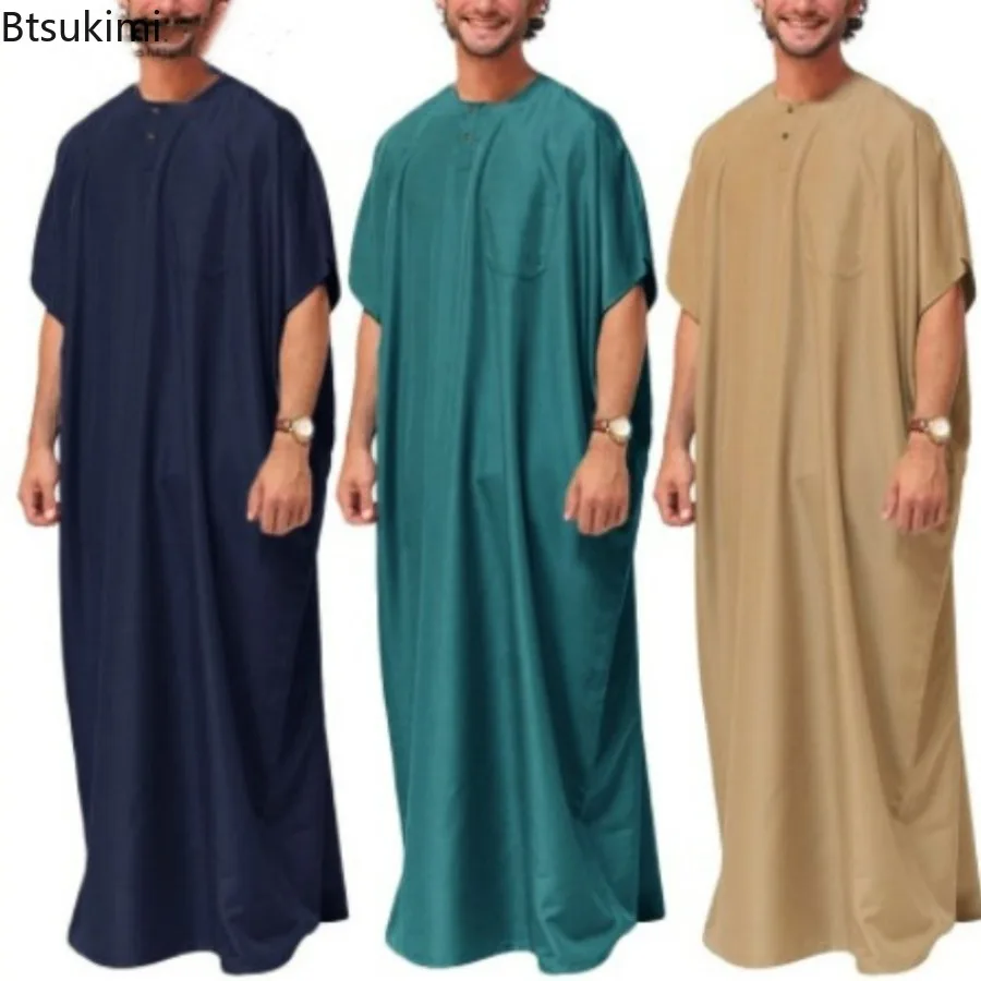 New 2024 Men Islamic Arabic Kaftan Vintage Solid Short Sleeve Loose Retro Robes Abaya Dubai Middle East Muslim Clothing S-5XL