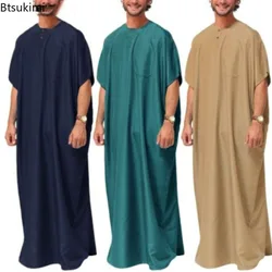 Nuevo 2025 caftán árabe islámico Vintage sólido corto manga suelta túnicas Retro Abaya Dubai Medio Oriente ropa musulmana S-5XL