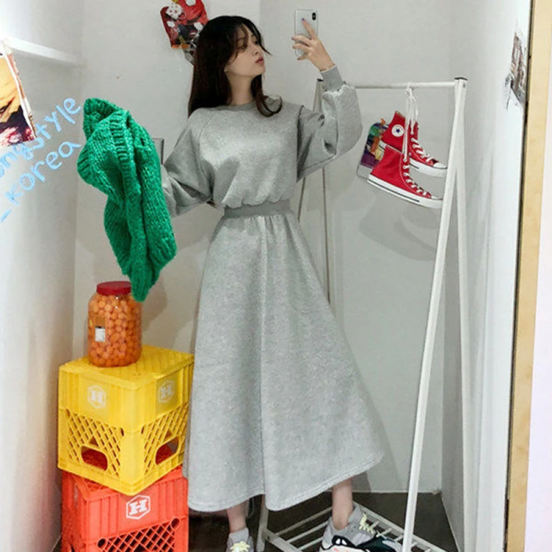 

2022 Spring Long Sleeve Pullovers Dresses Tunics Black Grey Korean Fashion Causal Midi Dress Oversized Harajuku Woman Clothing