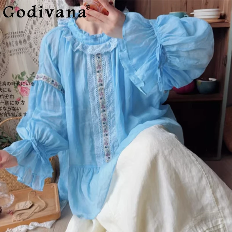 

Spring New Sweet Embroidery Splicing Lace Loose Long Lantern Sleeve Shirt Sweet Girl Versatile Age-reducing Leisure Lolita Tops