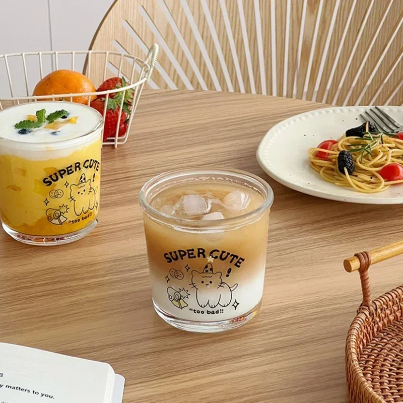 Cute Glass Cup Cold Extract Coffee Dessert Korean INS Style Simple Cartoon Letter Printing Daily Work Life Drinking Cup