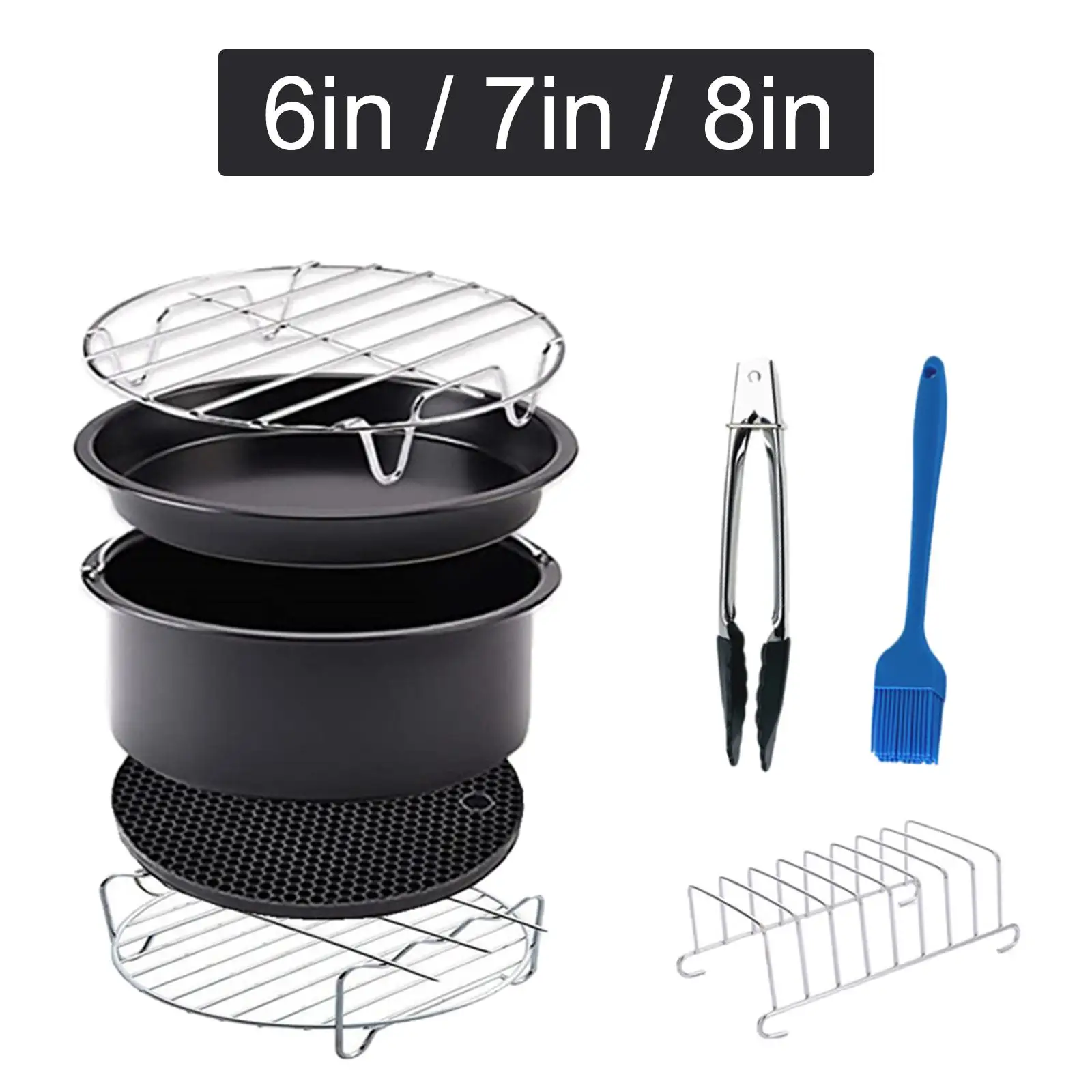 6inch/7inch/8inch Air Fryer Accessories Set, Cake Pan Toasting Rack Pizza Brush Non for Barbecue Home Kitchen