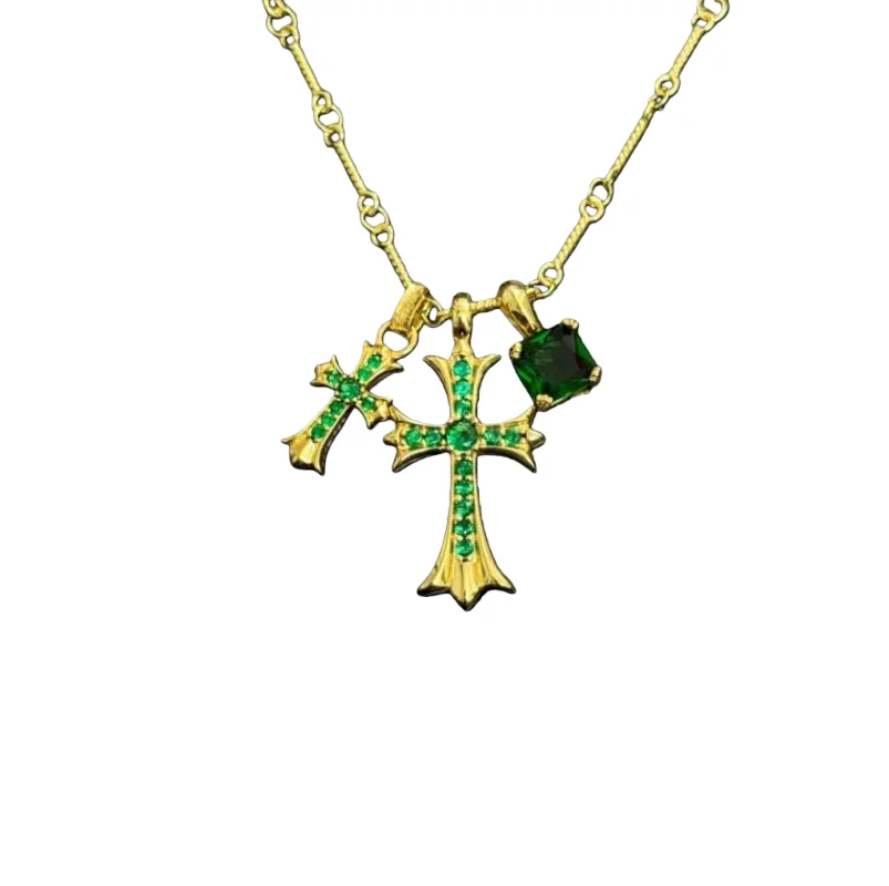 

Gilded Emerald Double Cross Pendant Necklace: Opulent Gothic-Luxe Statement Piece