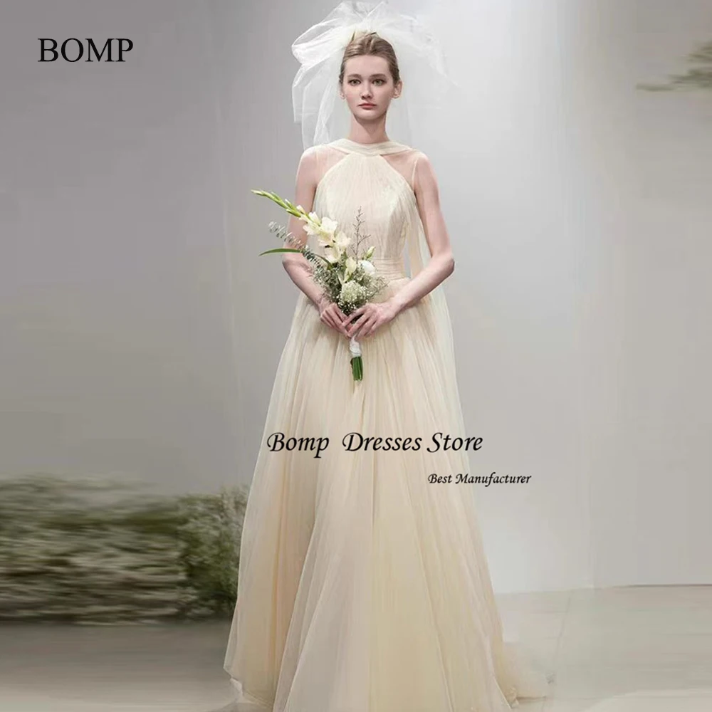 

BOMP Fairy Soft Tulle Wedding Dresses Princess High neck Floor Length Bridal Gowns Robe de mariage Customized Veil
