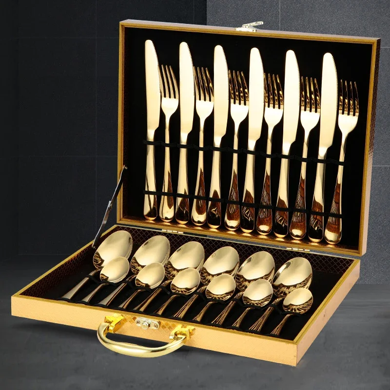 

24Pcs Gold Dinner Set Dinnerware Set Stainless Steel with Wooden Gift Box Tableware Knife Fork Spoon Set