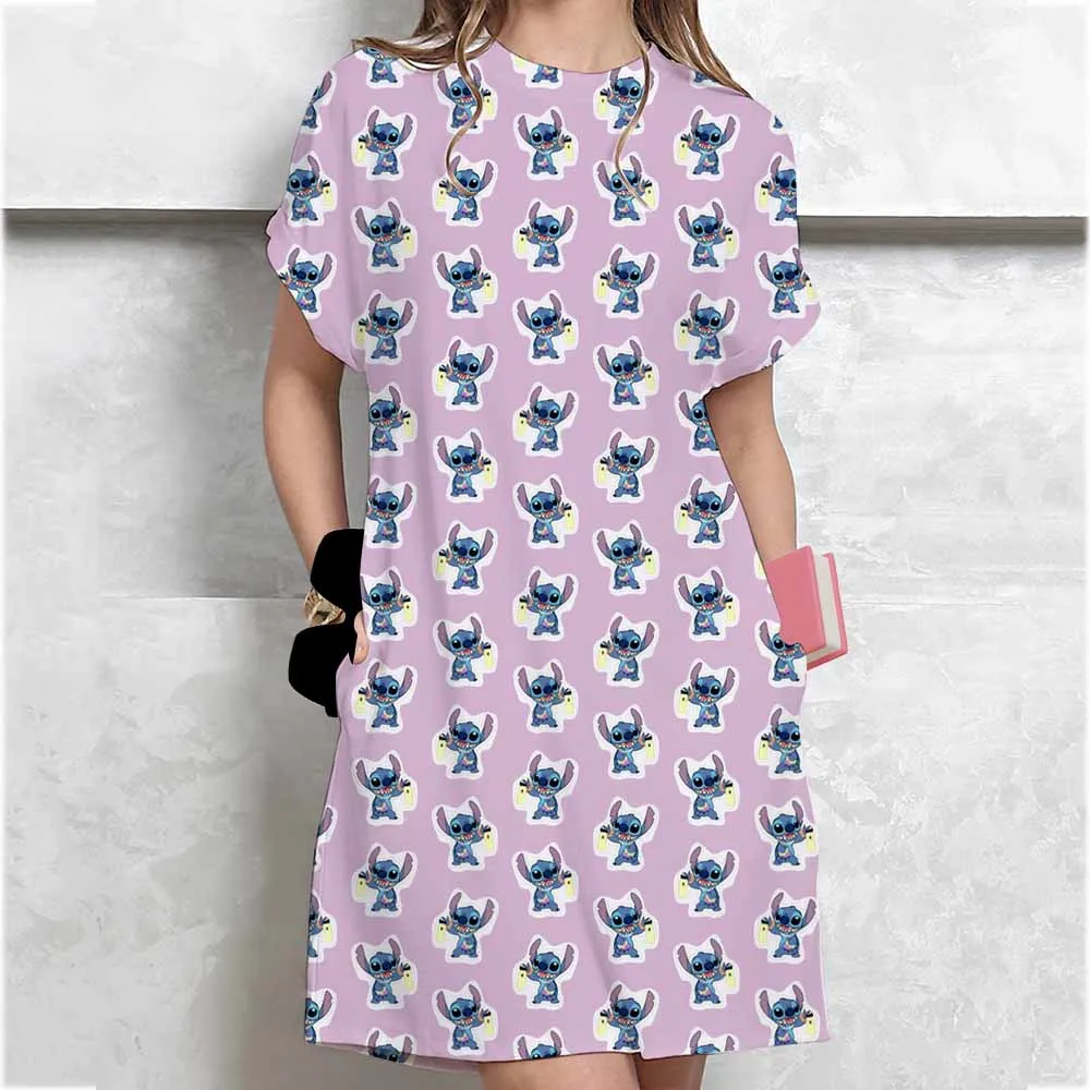 Women's summer casual loose Disney Stitch cartoon print round neck short sleeved T-shirt dress