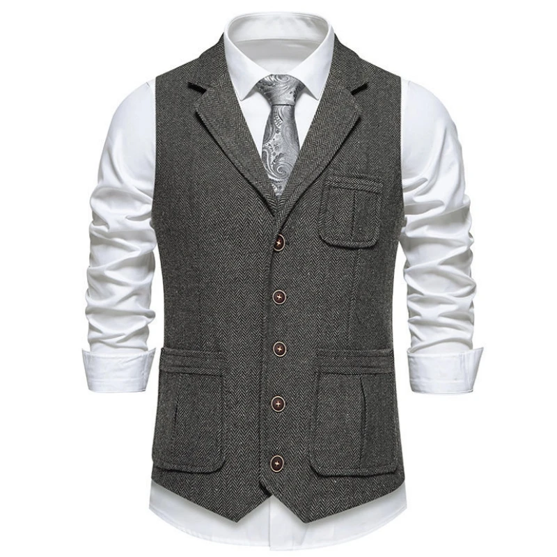 Men Vest Blue Herringbone Solid Waistcoat Stand Collar For Wedding Casual Business Banquet Work Set Men Suit Vest