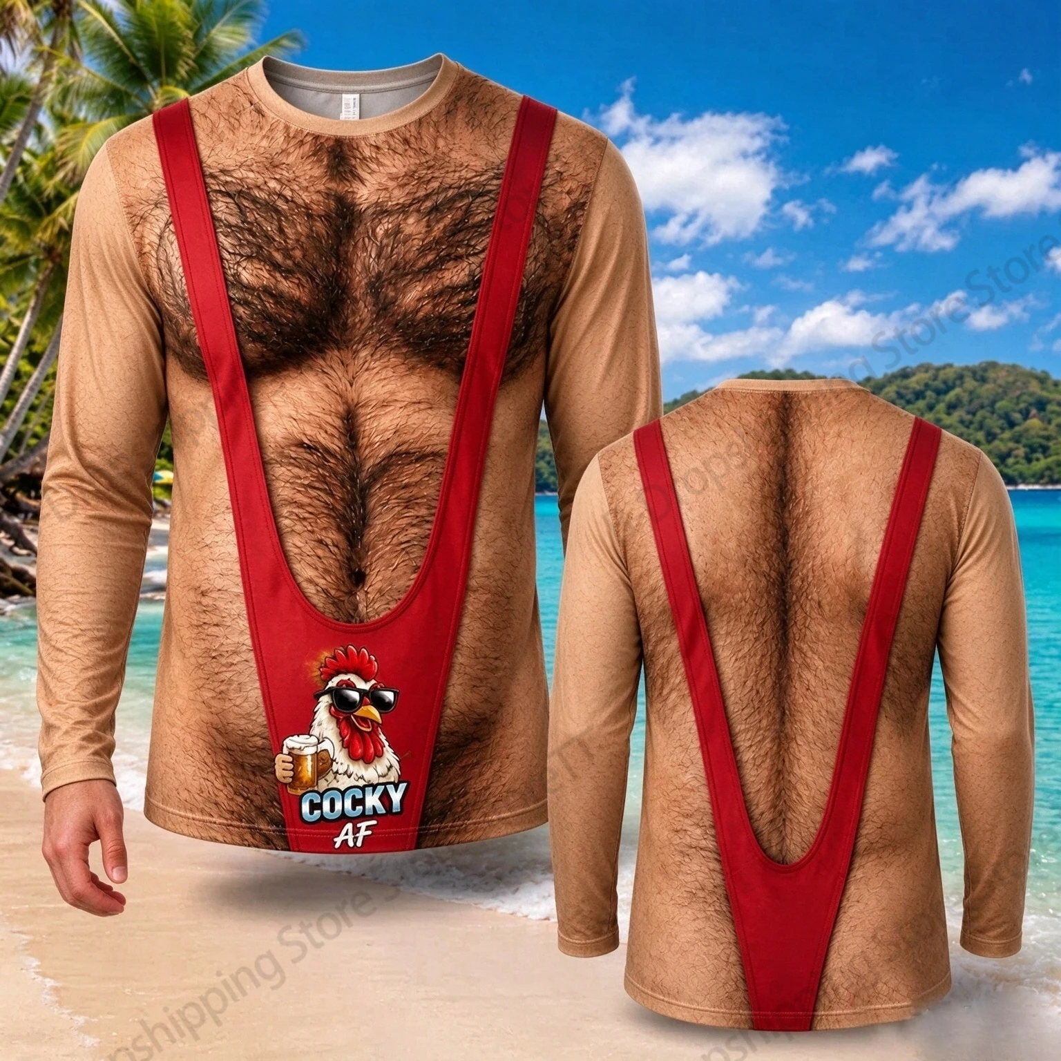 Mens Funny Muscle Long Sleeve T-shirt Fake Chest Hair Cock 3D Print Tshirt Men Women Fashion Oversized Tops Tee Camisetas Hombre