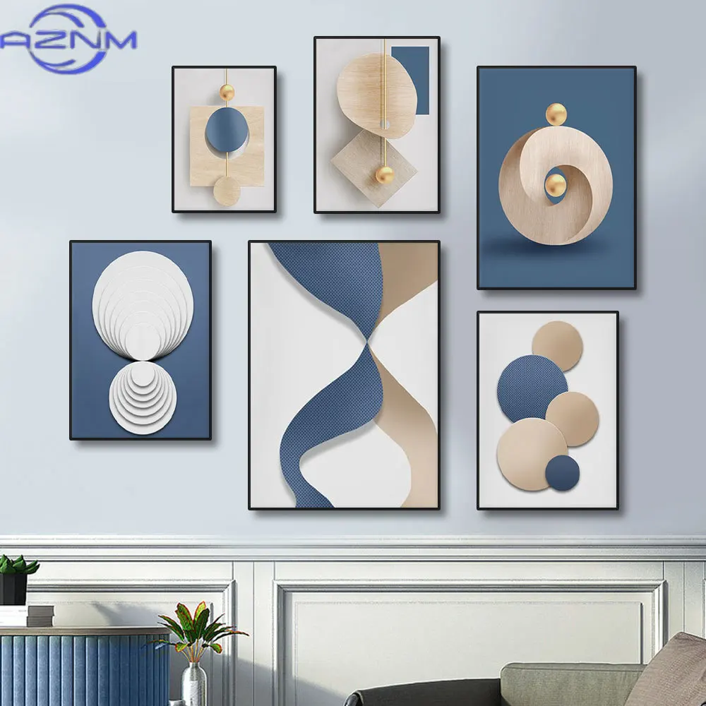 Abstract Blue White Luxury Gold Wall Art Poster Prints Nordic Geometry Style Canvas Painting Picture for Living Room Home Decor
