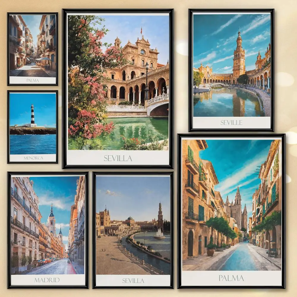 Palmendruck der Stadt Spanien, Sevilla, Madrid, Kalligrafie, Premium wasserfestes Baumwoll-Leinwandbild, Poster, Kunst