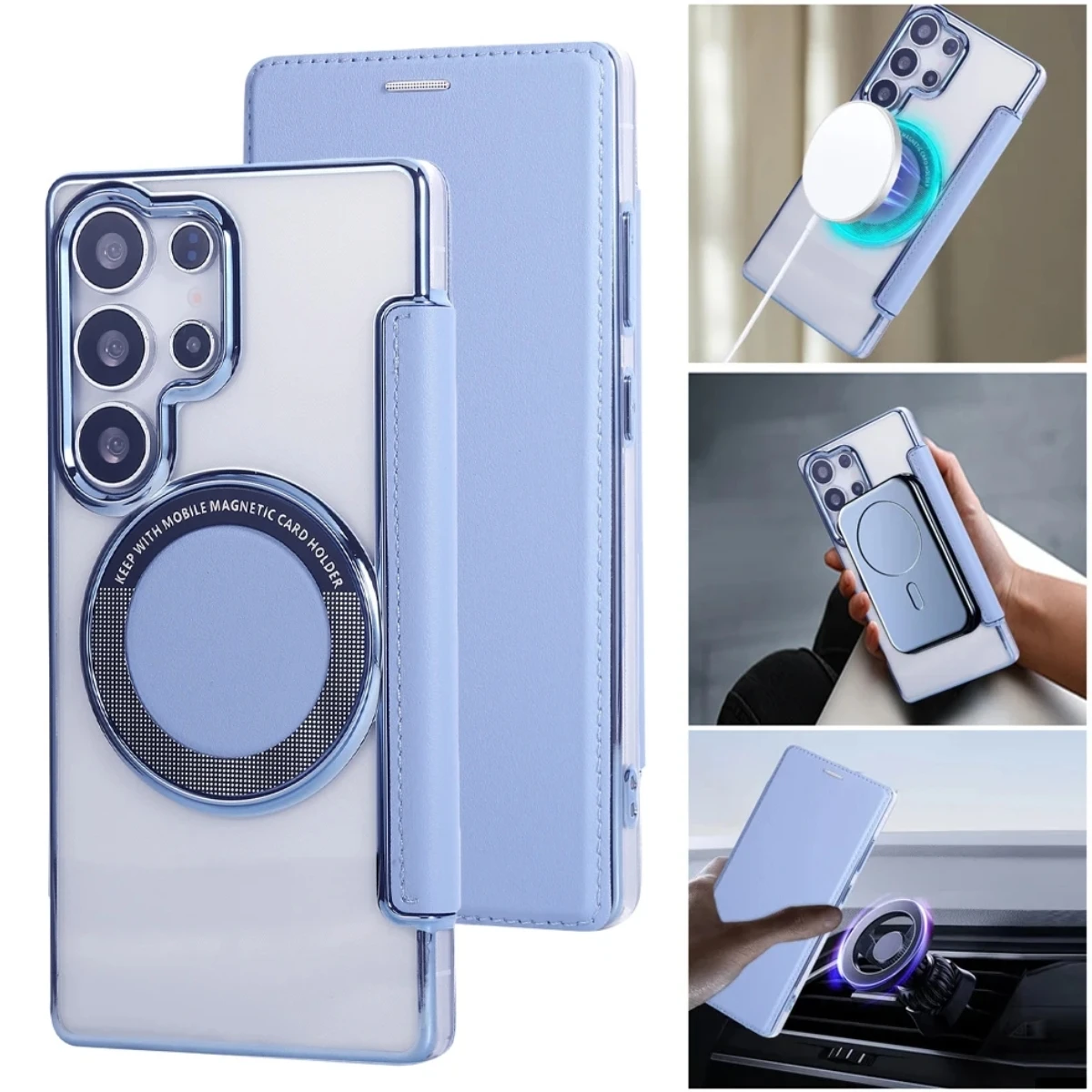 Capa Carteira de Couro Transparente Magnética para Celular Samsung Galaxy S26 S25 S24 Ultra S22 S23 Plus 5G com Compartimento para Cartões e Carregamento Sem Fio
