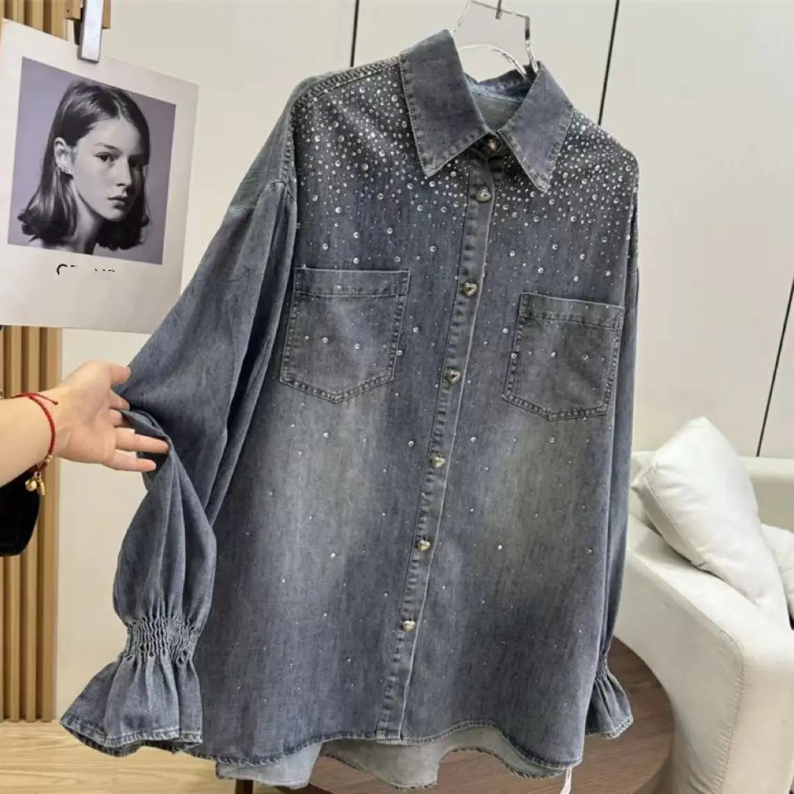 New In Autumn Sparkle Hot Drilling Denim Shirts & Blouses For Women\'s Fashion Trend Long Sleeve Blusas Woman Clothes