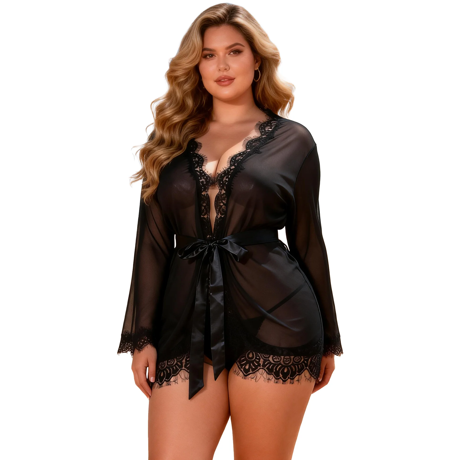 Comeondear Lace Sleepwear Black Sexy Long Sleeve Nightie Robe Panties Erotic Lingerie Set Babydoll Underwear Nightgowns Women