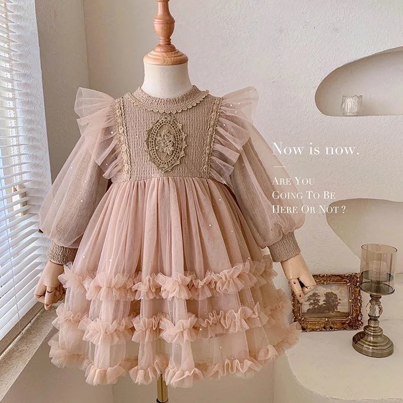 

Girl Dress Spring Autumn New 2024 Mesh Gauze Dress Lace Spliced Lovely Casual Simple Fashion Sweet Korean Active Vintage Cute