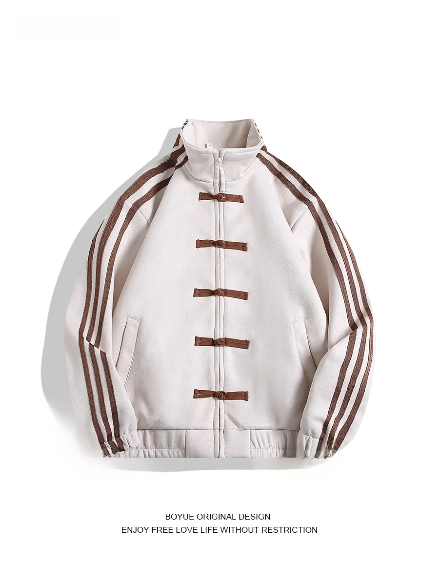 جاكيت رياضي صيني الطراز من الجلد المدبوغ بثلاثة خطوط للجنسين، جاكيت أنيق بأزرار وياقة عالية للشباب للارتداء اليومي