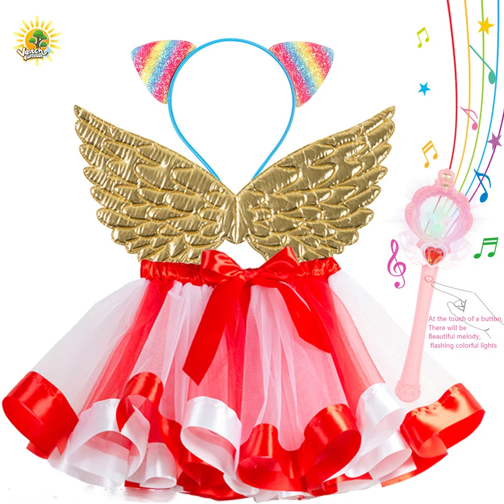 Children Girl Grooming Toy Halloween Role-Playing Costume  Flashing Magic Wand Princess Veil Wing Necklace Wig Jewelry Set Toy