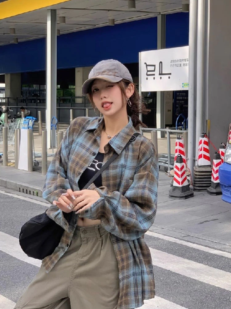 

Retro American Lazy Style Women's Shirt Spring Season Versatile Loose Long Sleeve Collar Plaid Outerwear Coat