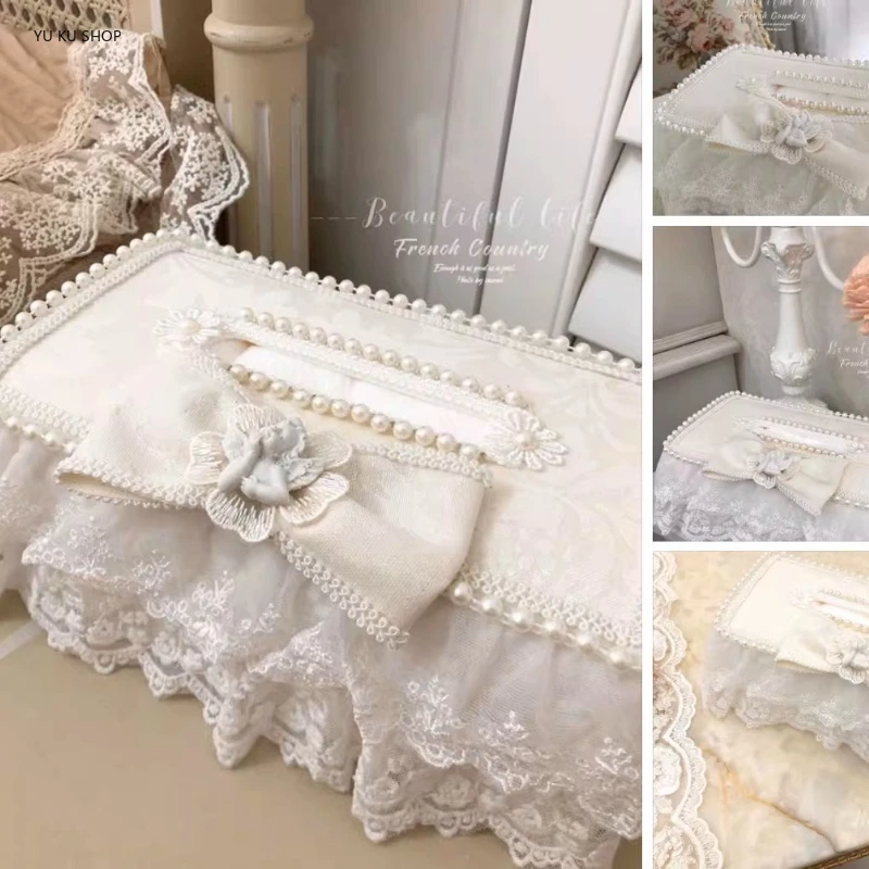 Lace Division Debris Storage Box Desktop Debris Storage Organization Portable Basket Pearl Bow Fabric Artist Home Tissue Box NEW