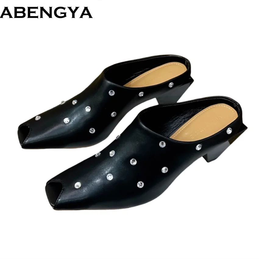 

Rivets Studded Spike Heel Slippers Women Real Leather Slides High Heel Dress Shoes Lady Square Peep Toe Slippers Women Sandals