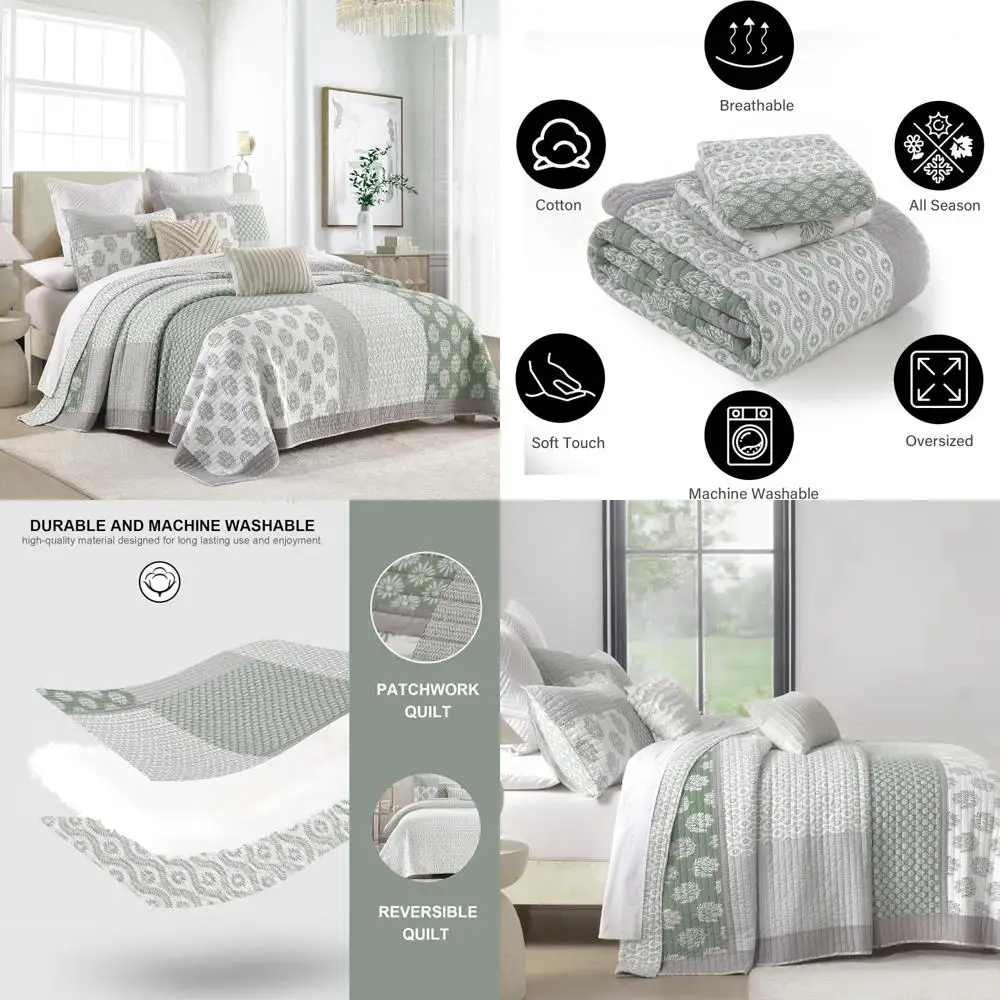 

King Size Cotton Quilt Set, Patchwork Floral Reversible Bedspread, Greyish Tones