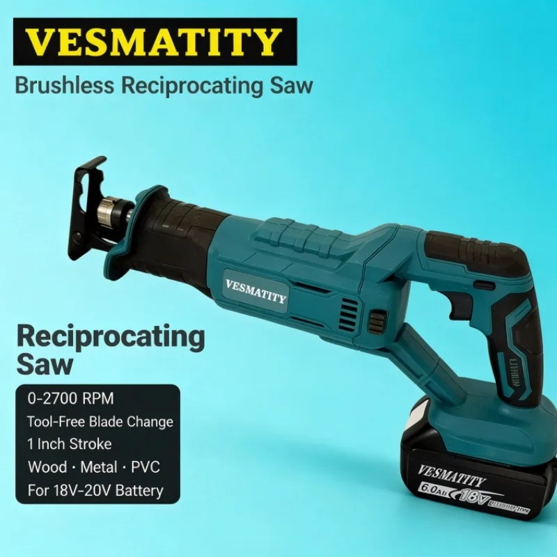 Reciprocating Saw Brushless Motor 0-2700 RPM Tool-Free Blade Change 1 Inch Stroke for Wood Metal PVC for 18V-20V Battery