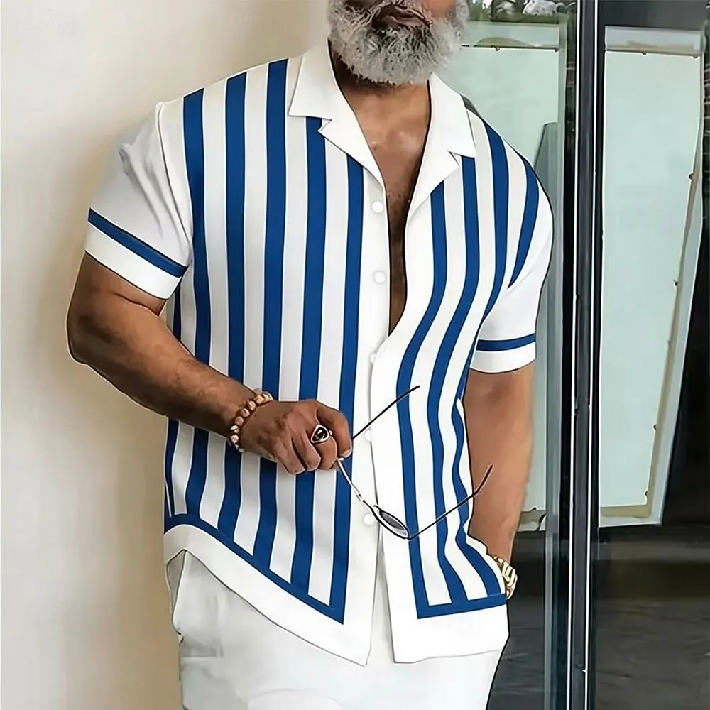 Men's Short Sleeve Button Up Shirt, Geometric Striped 3D Print Business Casual Style, Spring & Summer Vacation
