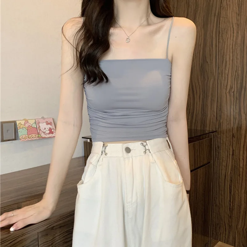 2024 Ice Silk Women\'s Sling Vest Strap Chest Pad One-Piece Cup Slim Fit All-Match Inner Wear Top Women