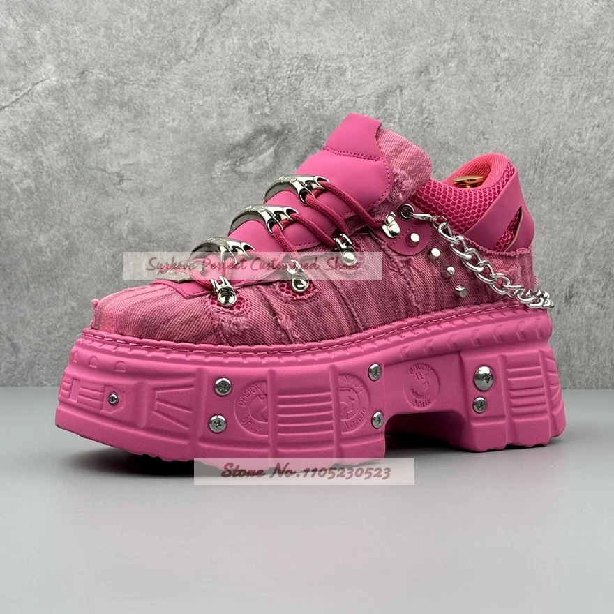 Punk Platform Sneakers Men Hot Pink Distressed Denim Shoes Metal Chain Rivet Decor Gothic Height Increasing Casual Shoes