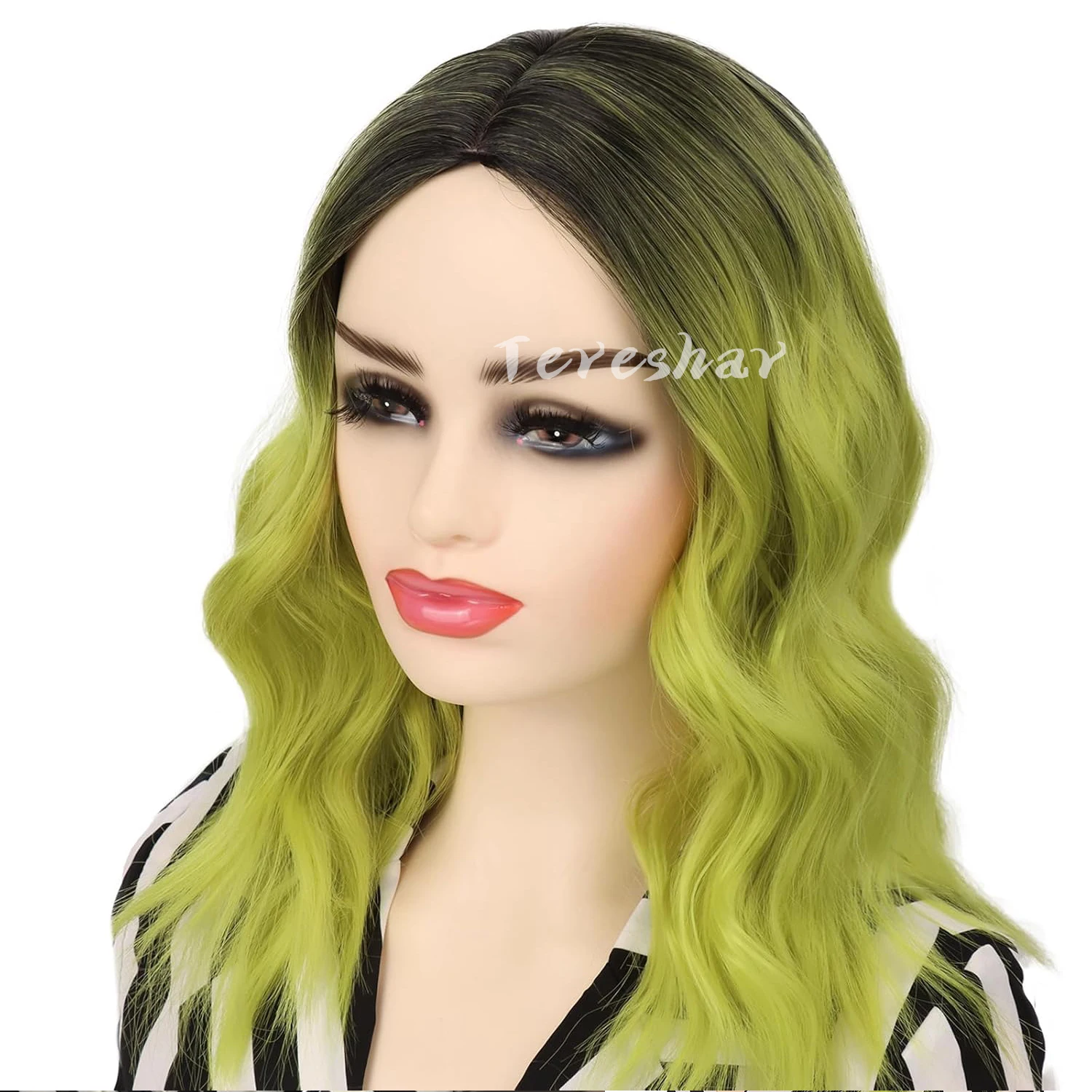 Synthetic Green Bob Wig for Women Short Wavy Curly Wig Dark Roots Shoulder Length Colorful Ombre Wig Party Halloween Cosplay Wig