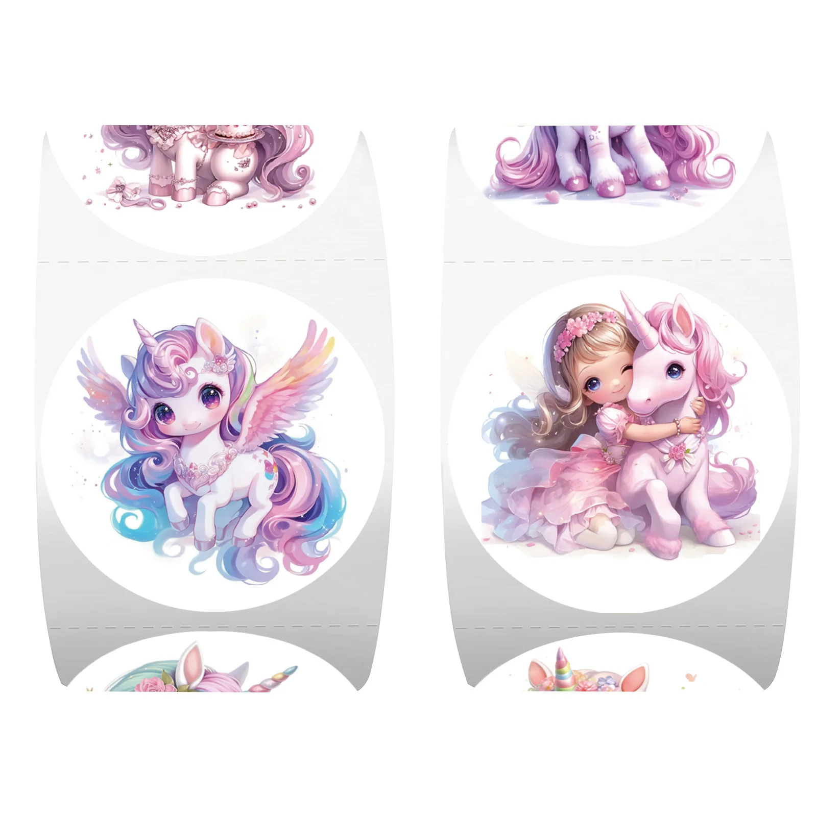 Rouleau d'autocollants de scellage licorne rose, 500 pièces/rouleau, dessin animé, coque de téléphone en PVC, tasse d'eau, autocollants pour ordinateur portable, décoration, récompense, cadeau, jouets, cadeaux, DIY bricolage