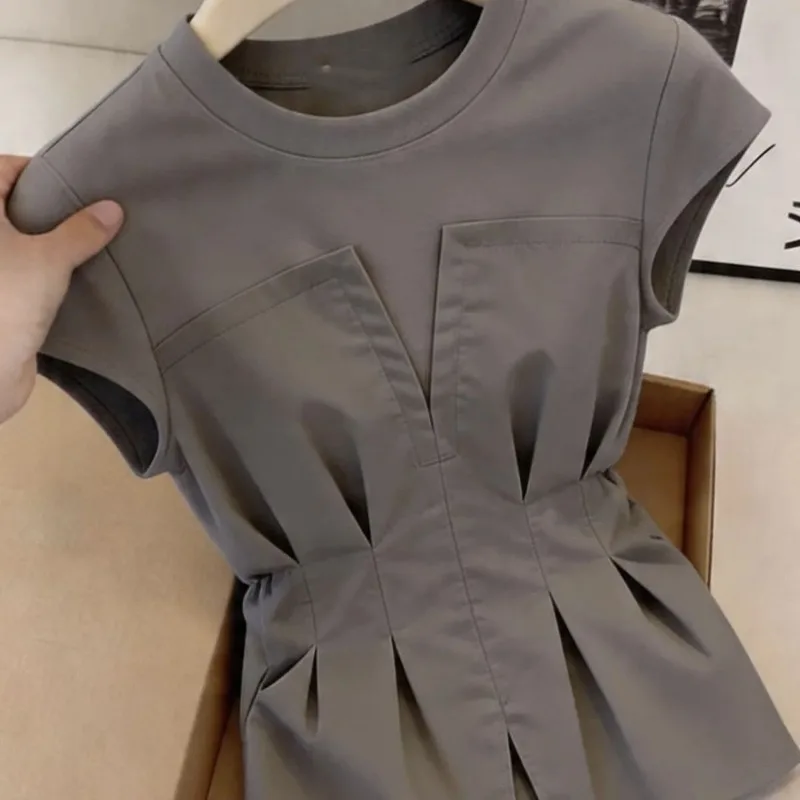 New Korean Splicing Short-sleeved T-shirt Summer Women's Fake Two-piece Waist-covering Belly Shoulder Coat Female Blouse Tops