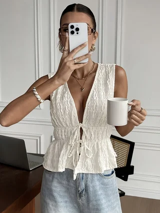 

Ladies' Elegant V-Neck Textured Front-Tie Ruffled Sleeveless Top