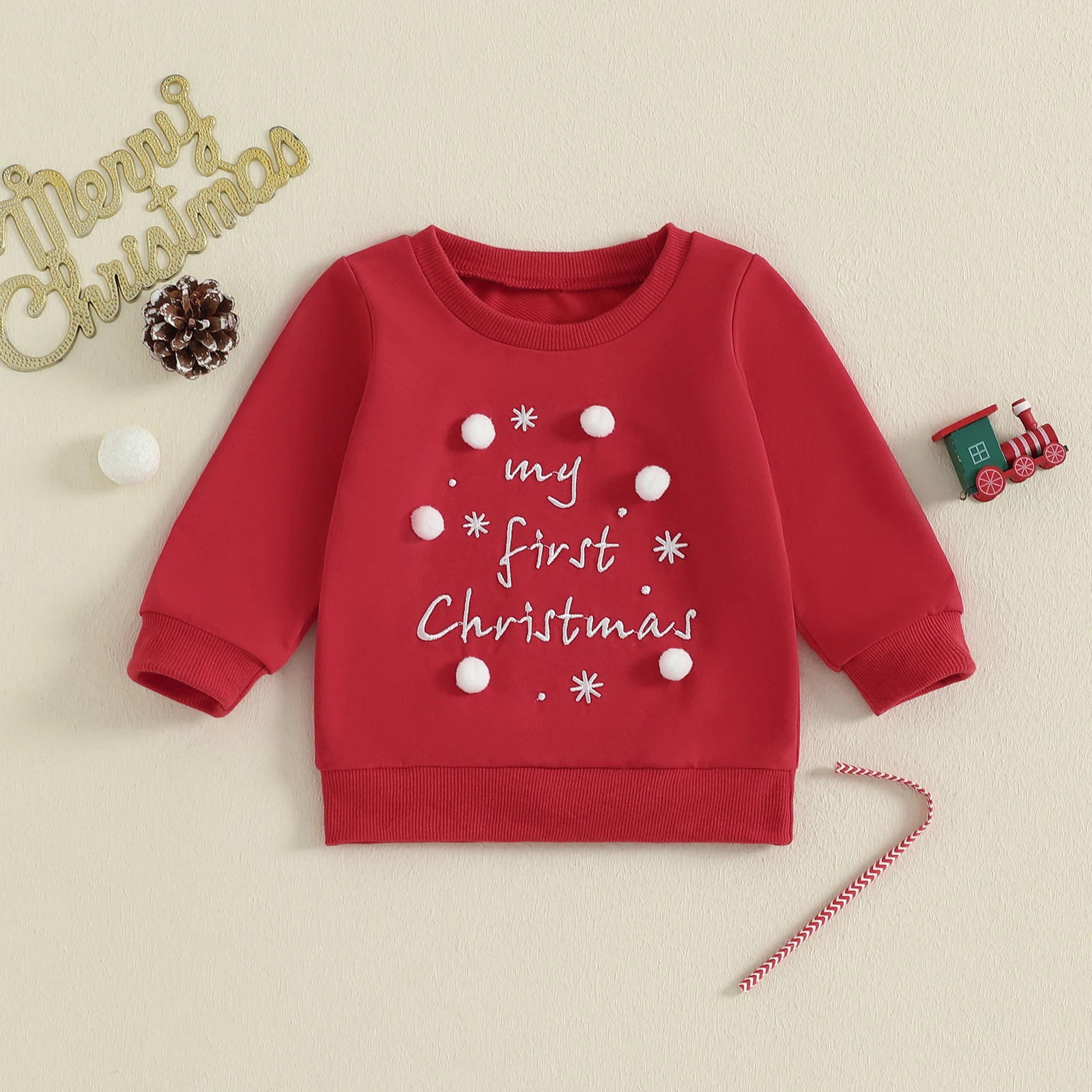 

Рождественский свитшот для малышей с вышивкой букв и круглым вырезом, длинными рукавами, осенне-зимний пуловер, топы для детей 0-3 лет