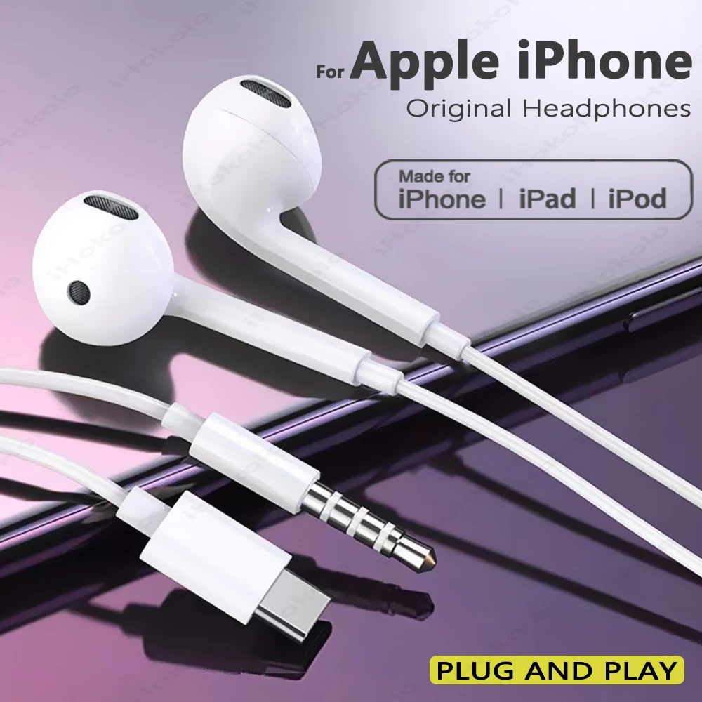 

Original Wired Earphones For Apple iPhone 17 16 15 14 13 12 11 Pro Max Mini XS XR X SE 7 8 6 Plus UBS C Headphones Accessories
