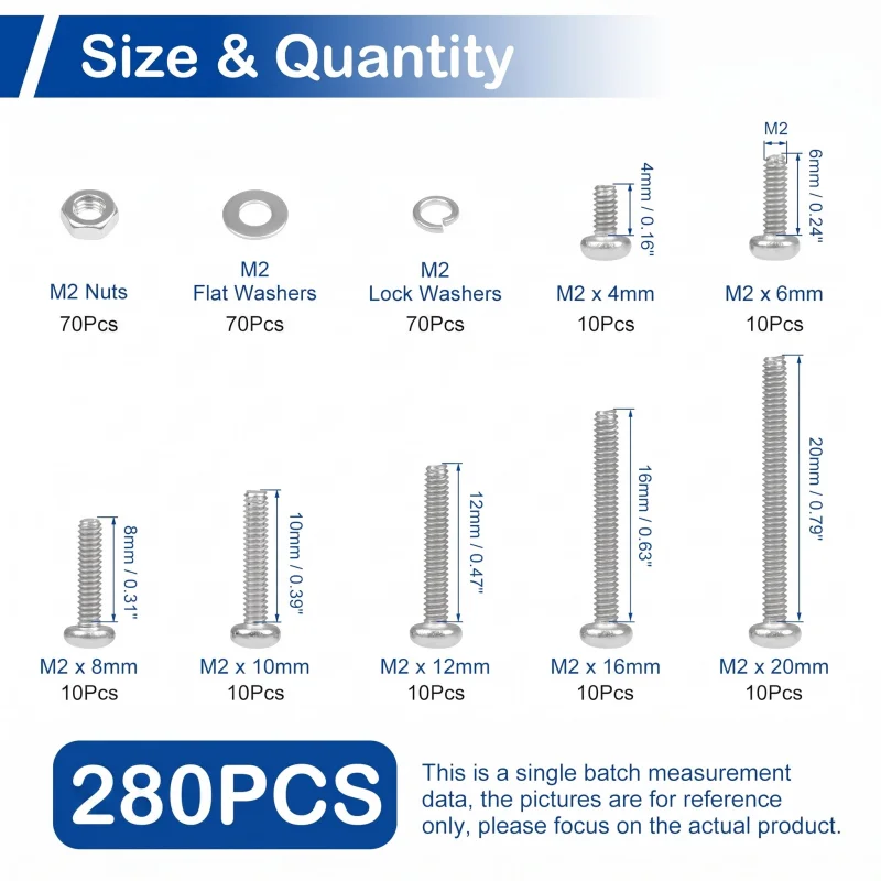 280Pcs M2/M2.5 Phillips Pan Head Machine Screws Kit with Nuts And Washers Assorted Sizes 4-20mm Fully Threaded for DIY Projects