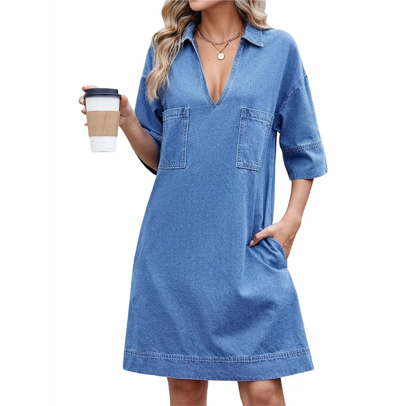 فستان قميص نسائي من قماش الدنيم صيفي بياقة على شكل V فساتين جينز كاجوال صغيرة مع جيوب