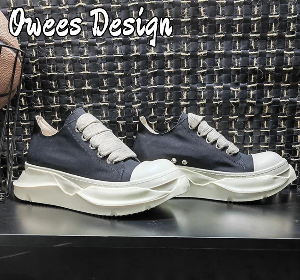 Owees Design Thick LACES Casual Shoes Women and Men Platform Low Top Canvas Sneakers Spring Autumn Male Wide Shoelace Trainer