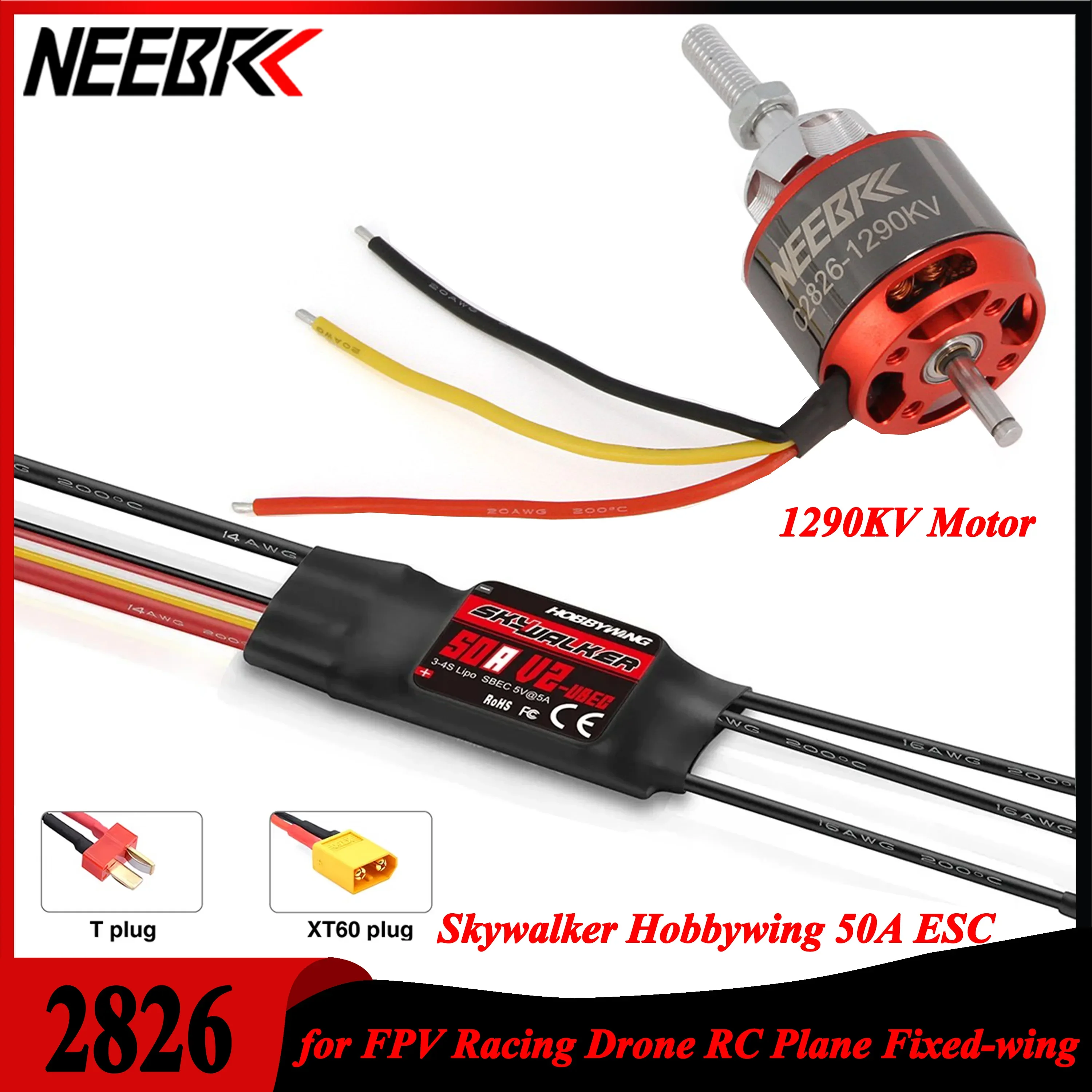 NEEBRC 2826 1290KV Brushless Motor Hobbywing Skywalker 50A V2 ESC T/XT60Plug for RC FPV Racing Drone Quadcopter Fixed-wing Parts