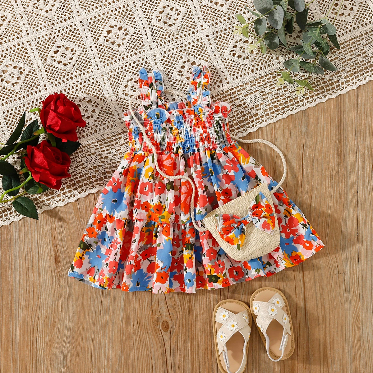 

2/Piece Set of Baby Girl Dress+Bag Summer Baby Girl Full Body Printed Suspender Dress Cute Sleeveless Beach Princess Dress