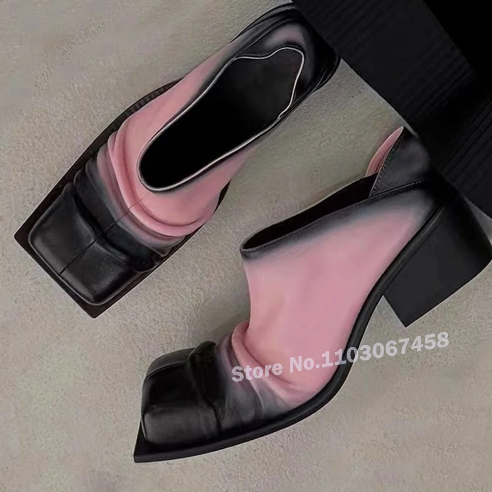 

Pleated Square Toe Chunky Heels Pumps Shallow Mixed Color 2024 Newest Fashion Women's Shoes Luxury Mary Janes Retro Leather Shoe