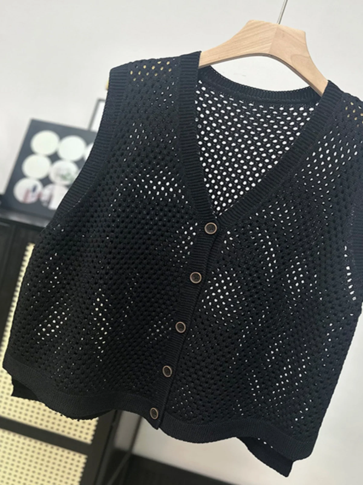 

Loose Knitted Cotton Sweater Vest Women's Spring Autumn Hollow out Design Casual Comfortable Breathable V-Ne Open Cardigan