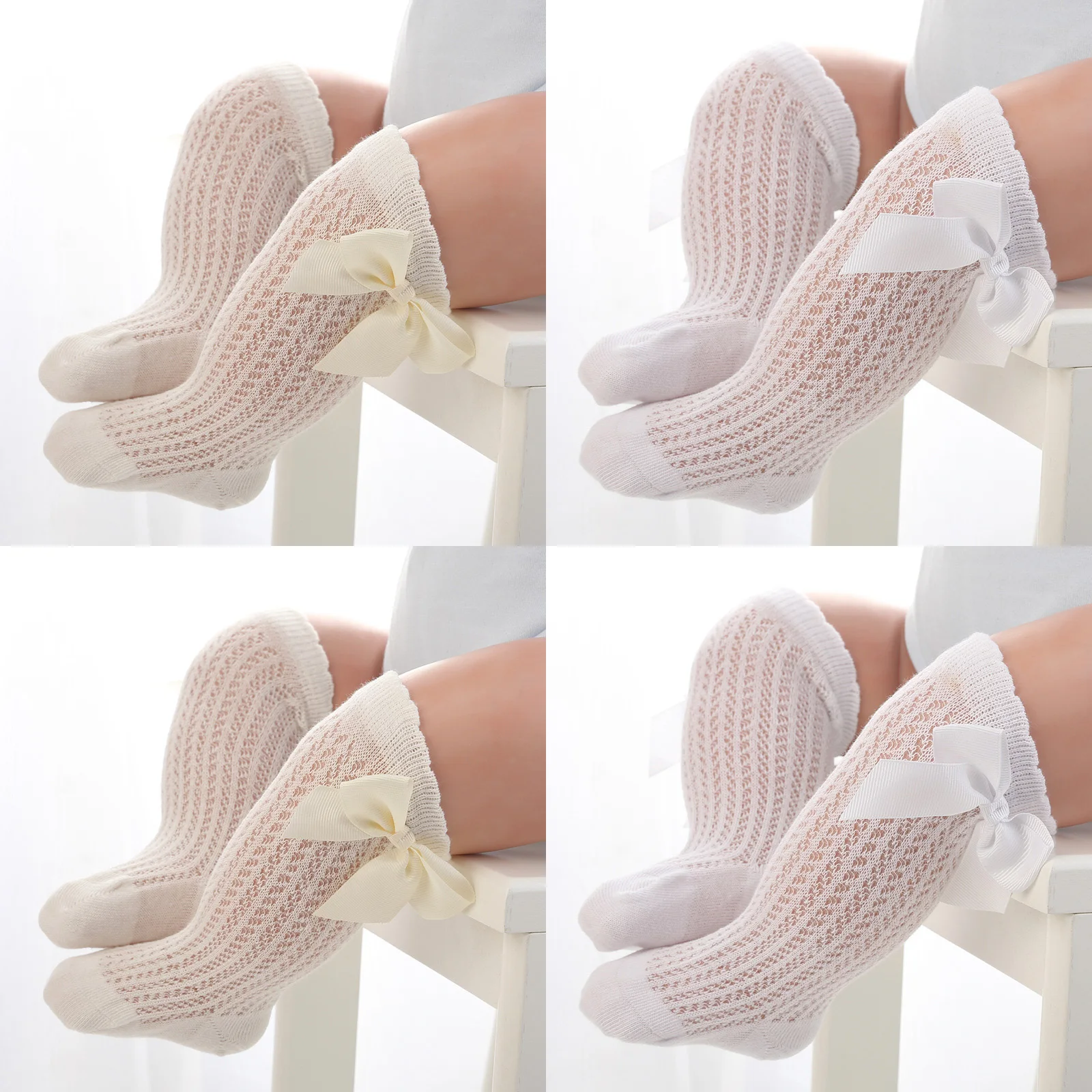 BELLBELL 3/4 Pairs Summer Kid Girl Mesh Sock Bows Breathable Children Cotton Socks Knee High Infant Baby Long Socks Forr Girls