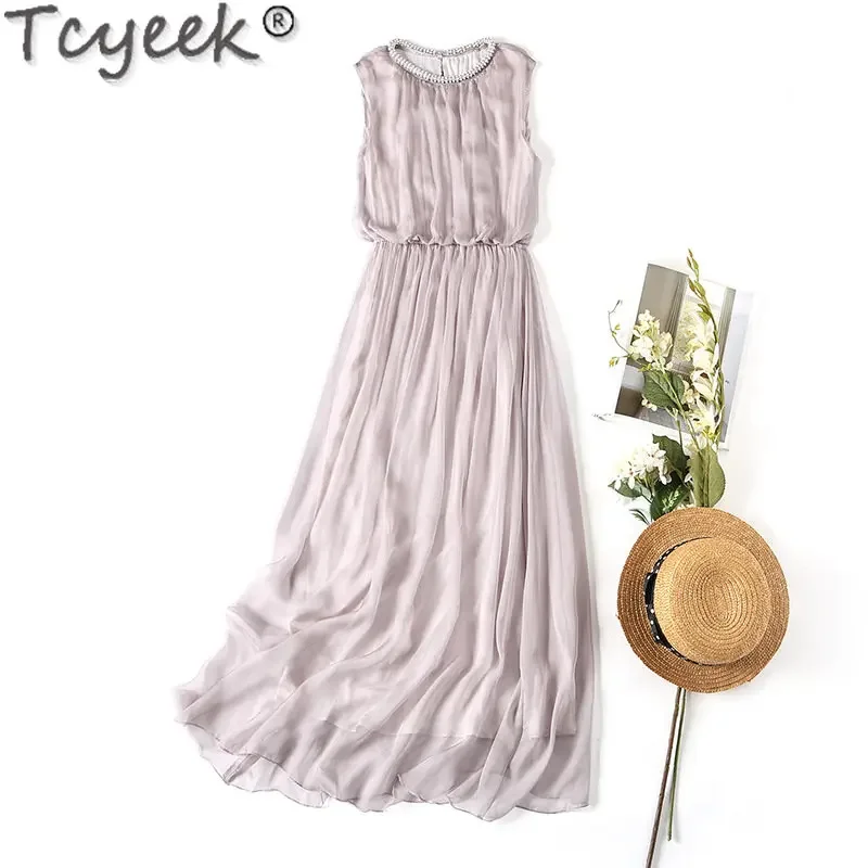 

Tcyeek Summer Womens Dresses Sleeveless High-waisted Midi Dress Woman Clothes 100% Real Silk Dresses Chic Vestidos Para Mujer