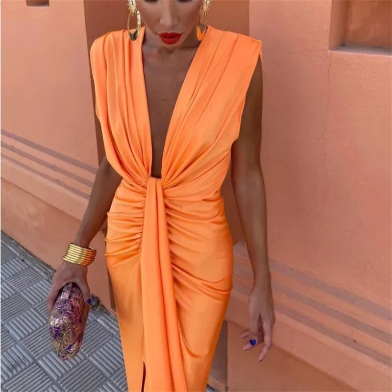 

2025 Elegant Women Satin V Neck Pleated Sleeveless Midi Dress Fashion