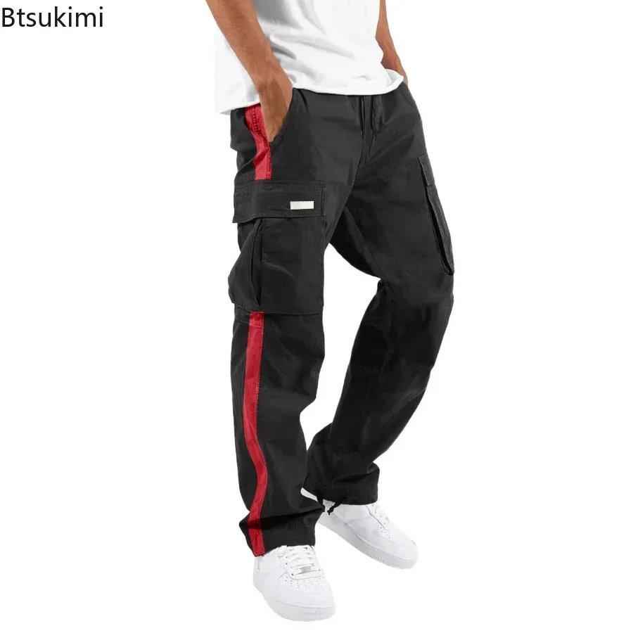 New 2025 Men's Casual Cargo Pants Trousers Stripe Regular Fit  Fashion Pants Male Jogging Cargo Pants Panel Pocket Trousers Man