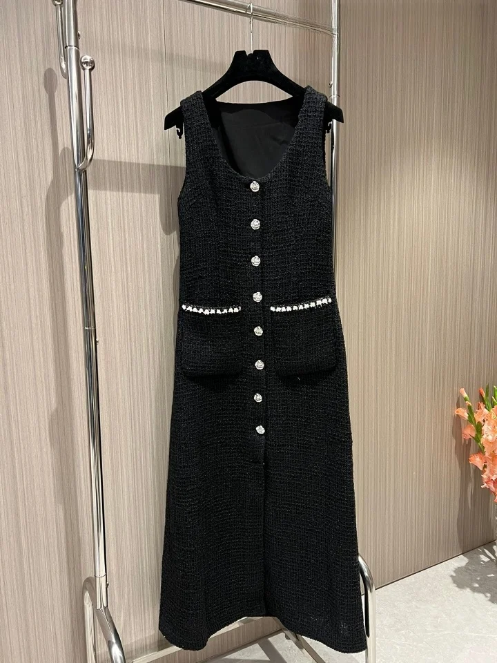 2024 Spring Chic Women\'s High Quality Elegant Tweed Jackets + Sleeveless Pockets Dress C768