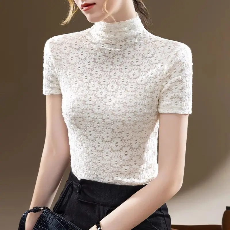

Trendy Half High Neck Mesh Top Women Tshirt Crochet Hollow Out Short Sleeve Slim Lace High Neck Bottom Shirt Women Clothing