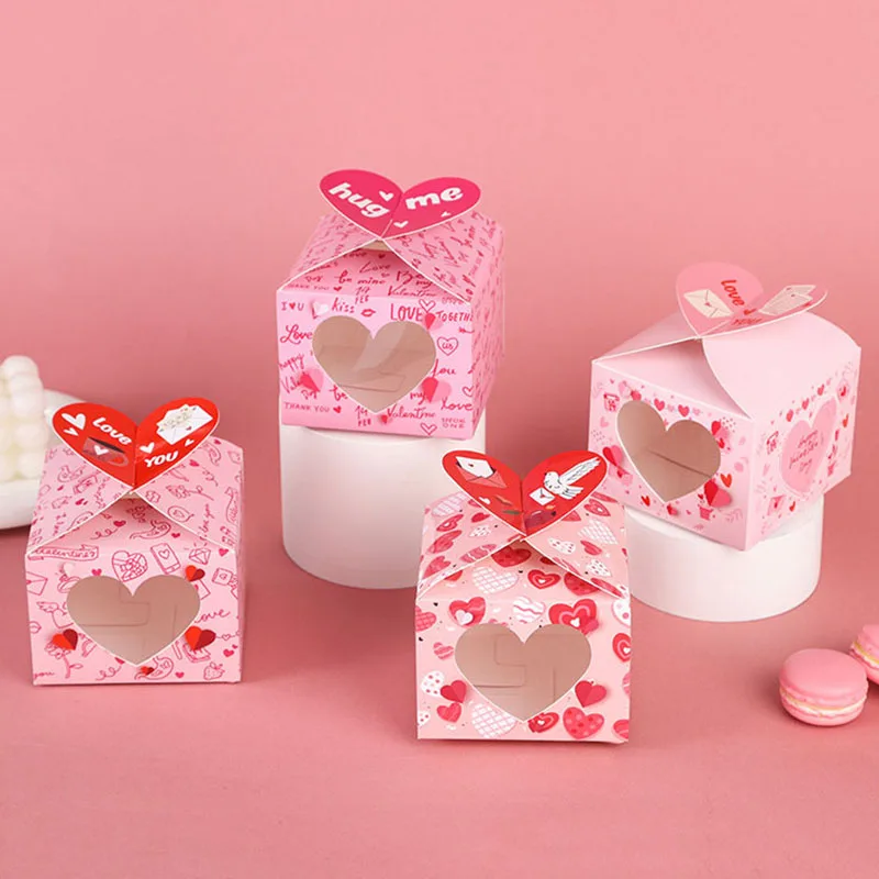 12/24Pcs Love Heart Open Window Gift Box Chocolate Square Wedding Favor Cake Gift Packaging Box Valentine's Day Party Decoration