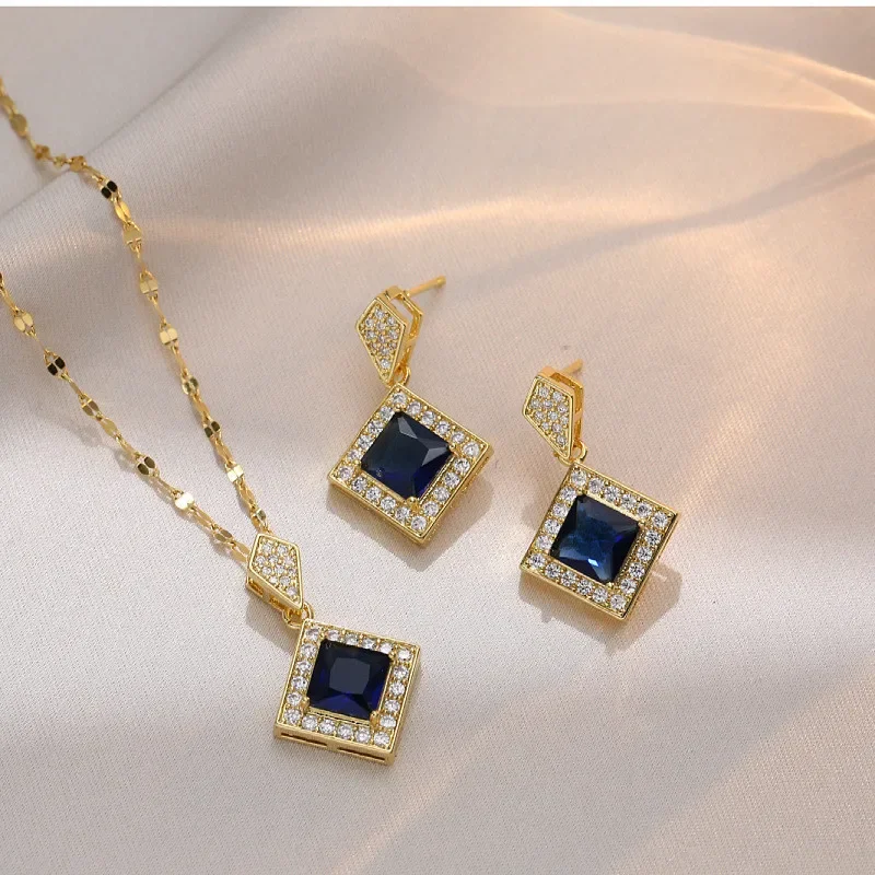 High Grade Square Flower Bow Zircon Jewelry Set Stainless Steel Chain Geometric Necklace Earrings Party Gifts For Women Girls